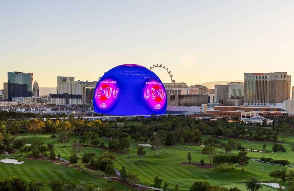 A graphic for the U2 UV Achtung Baby is displayed during the opening night of the Sphere with a ...