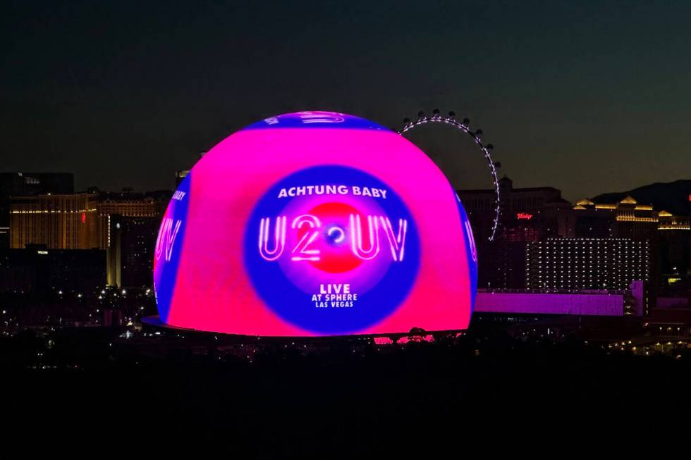 A graphic for the U2 UV Achtung Baby is displayed during the opening night of the Sphere with a ...