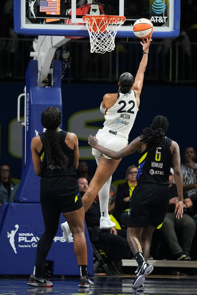 Las Vegas Aces forward A'ja Wilson (22) goes for a layup during the second half of Game 3 of th ...