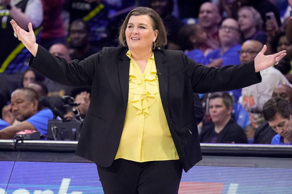 Dallas Wings head coach Latricia Trammell gestures during the second half of Game 3 of the team ...