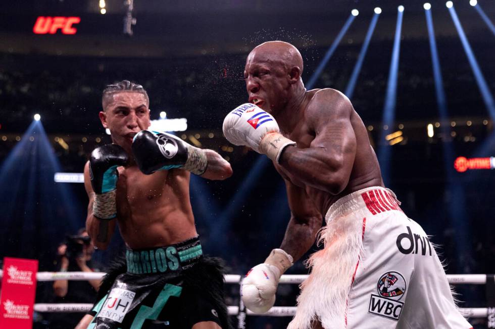 Mario Barrios punches Yordenis Ugas during an interim WBC welterweight title boxing bout at T-M ...