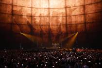 Bono, The Edge, Adam Clayton and Bram van den Berg of U2 perform during opening night of U2:UV ...