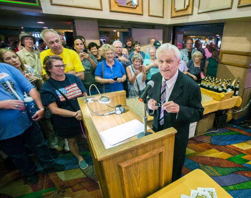 Don Laughlin, owner of the Riverside Resort, speaks to customers during the 50th anniversary pa ...