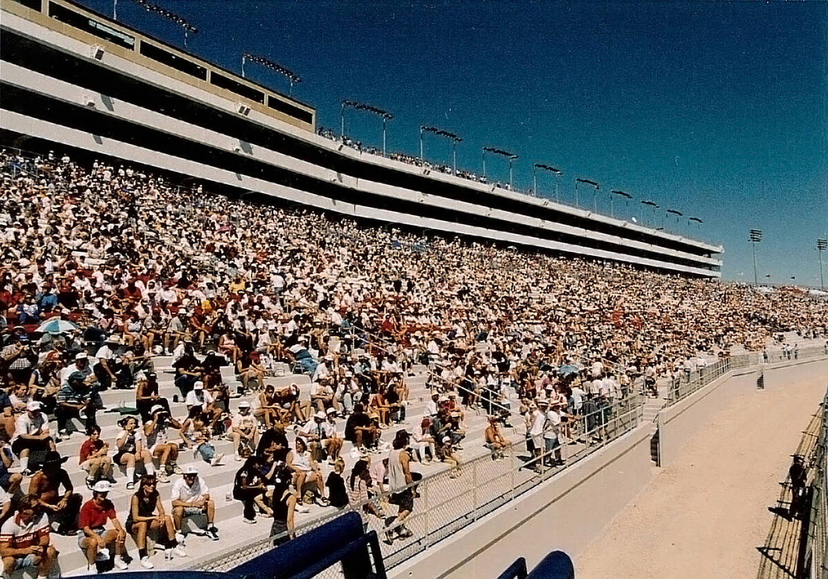 The grandstands are pictured during the Indy Racing League’s Las Vegas 500K at the Las Vegas ...