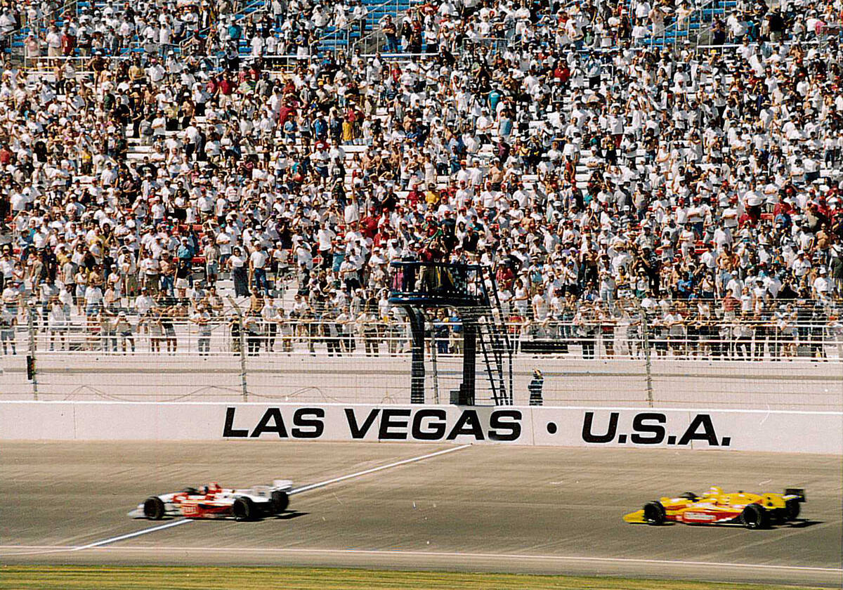 Drivers compete during the Indy Racing League’s Las Vegas 500K at the Las Vegas Motor Speedwa ...