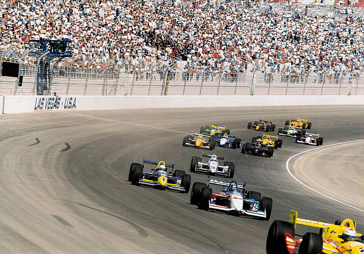 Drivers compete during the Indy Racing League’s Las Vegas 500K at the Las Vegas Motor Speedwa ...