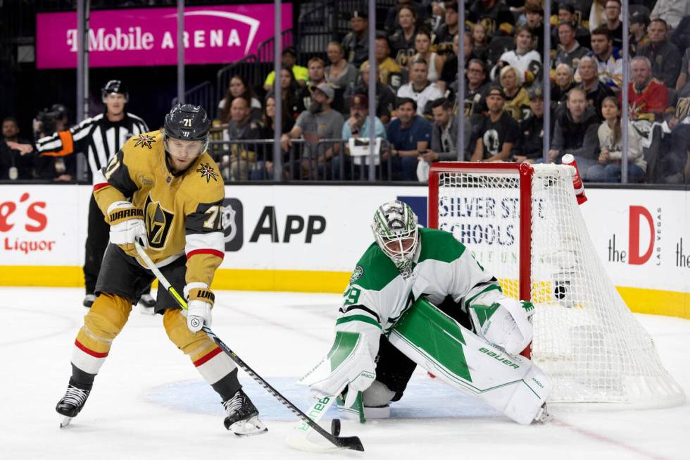 Golden Knights center William Karlsson (71) shoots against Dallas Stars goaltender Jake Oetting ...