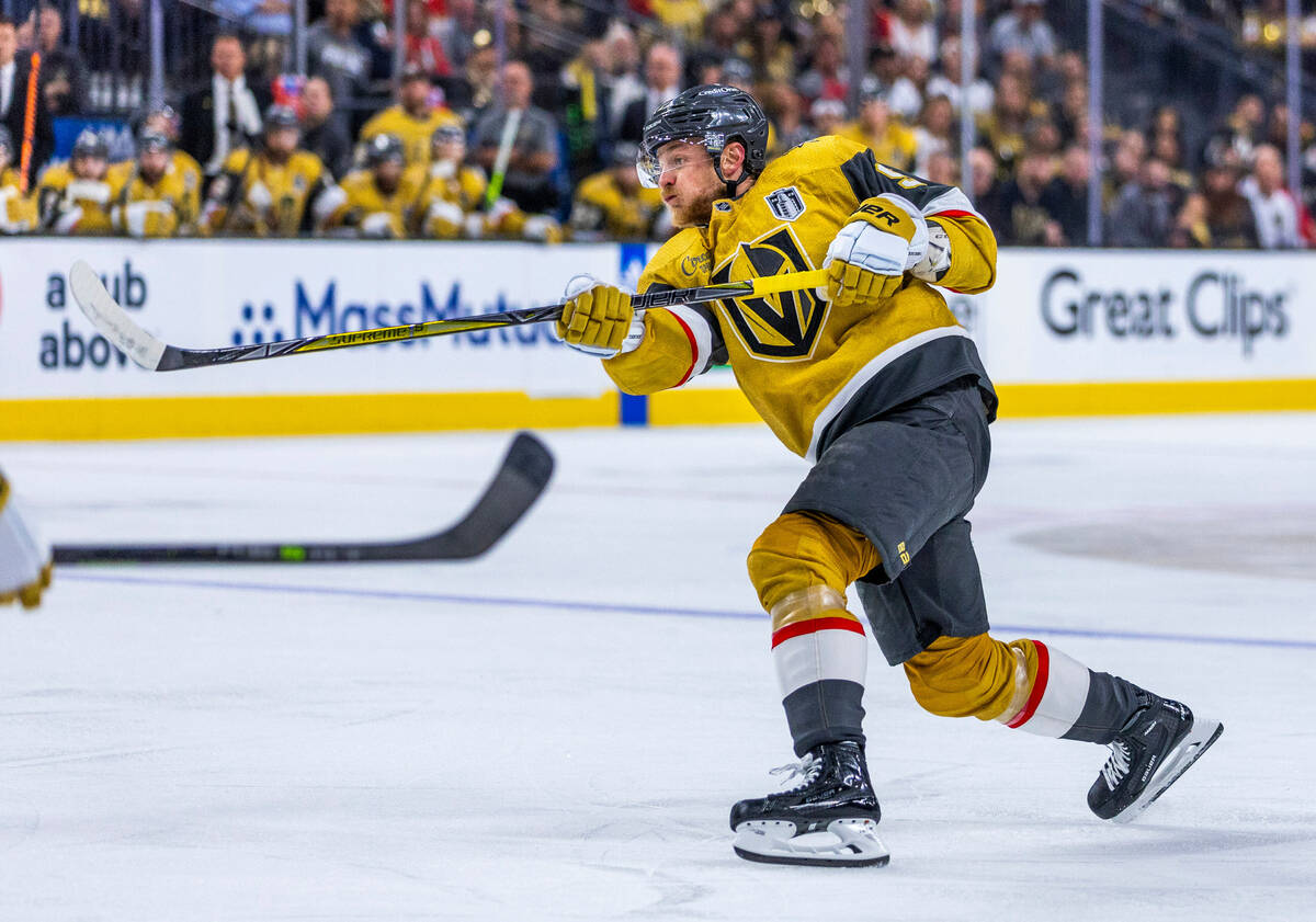 Golden Knights center Jack Eichel (9) shoots at the Florida Panthers goal in the third period d ...