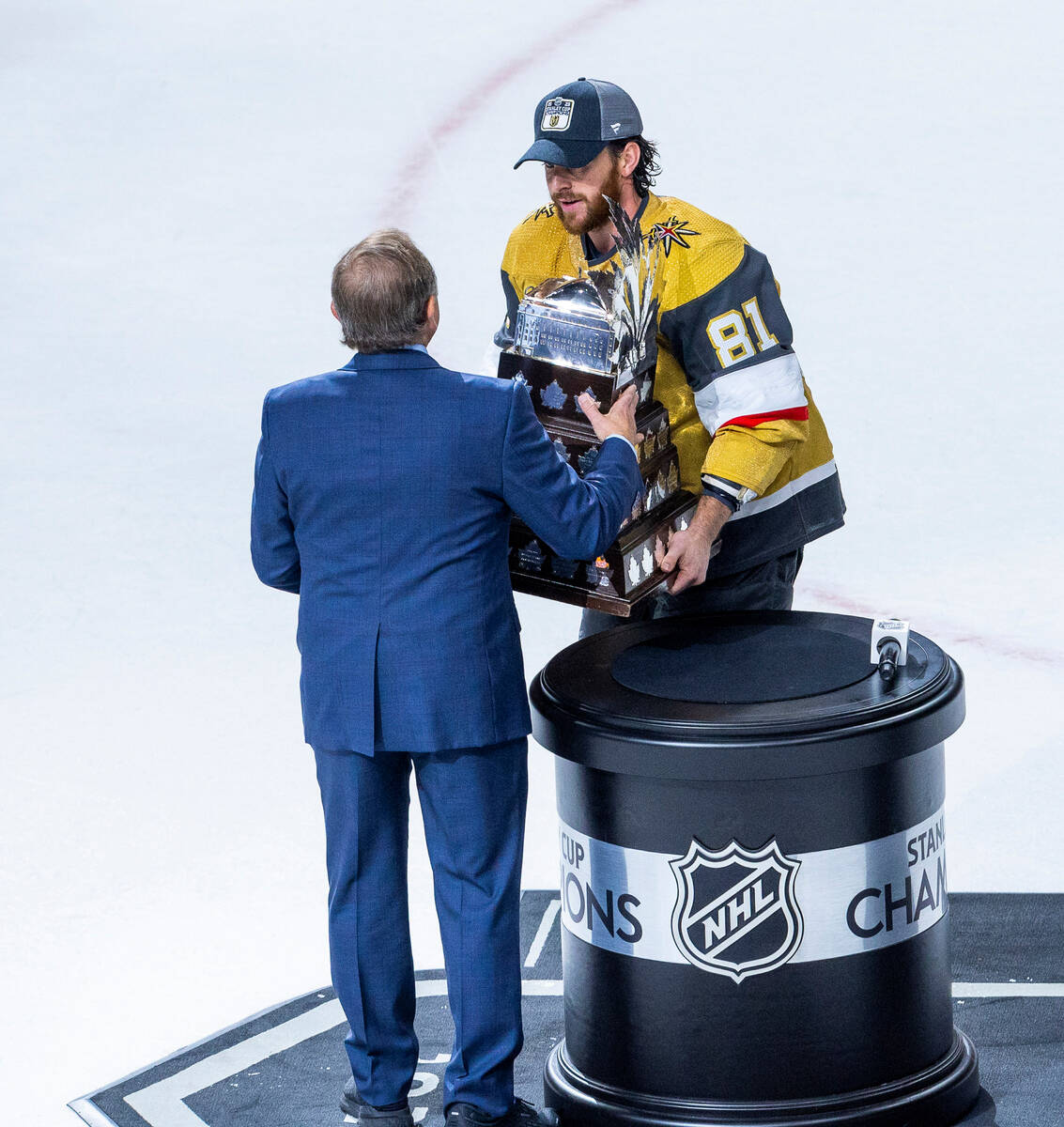 Golden Knights right wing Jonathan Marchessault (81) is awarded the 2023 Conn Smythe Trophy fol ...