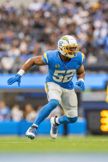 Los Angeles Chargers linebacker Khallil Mack (52) against the Las Vegas Raiders in an NFL footb ...