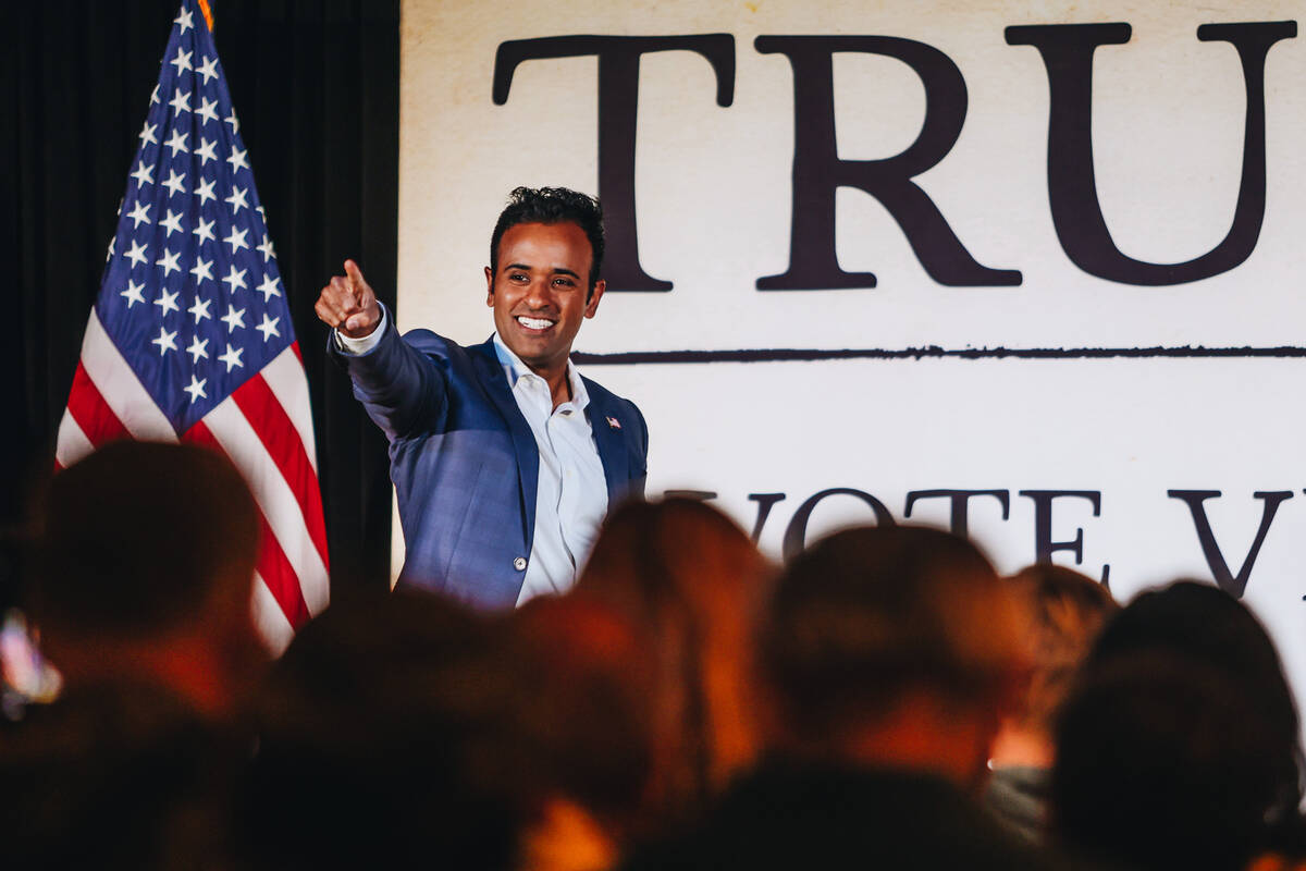 Republican presidential candidate Vivek Ramaswamy points to the crowd during an event at Stoney ...