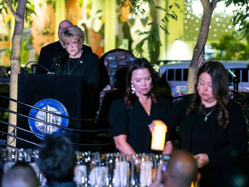 Candles are lit as Mayor Carolyn Goodman reads the names of the 1 October victims, during a mem ...