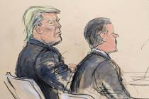 This courtroom sketch shows former President Donald Trump, left, seated at the defense table ne ...