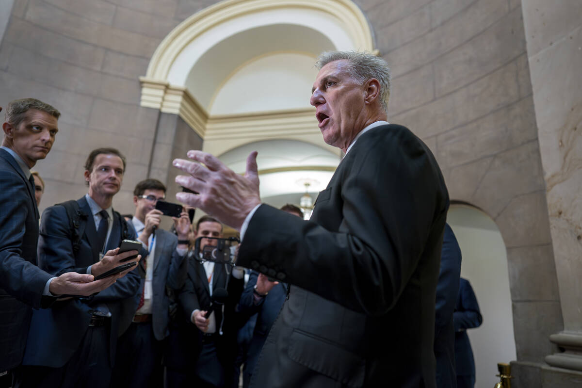 Speaker of the House Kevin McCarthy, R-Calif., talks to reporters amid news that Rep. Matt Gaet ...