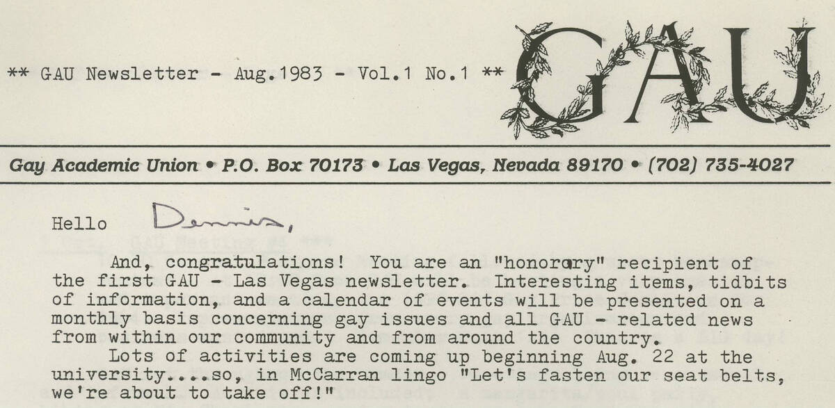 The first issue of the Gay Academic Union newsletter, August 1983. (UNLV Special Collections)