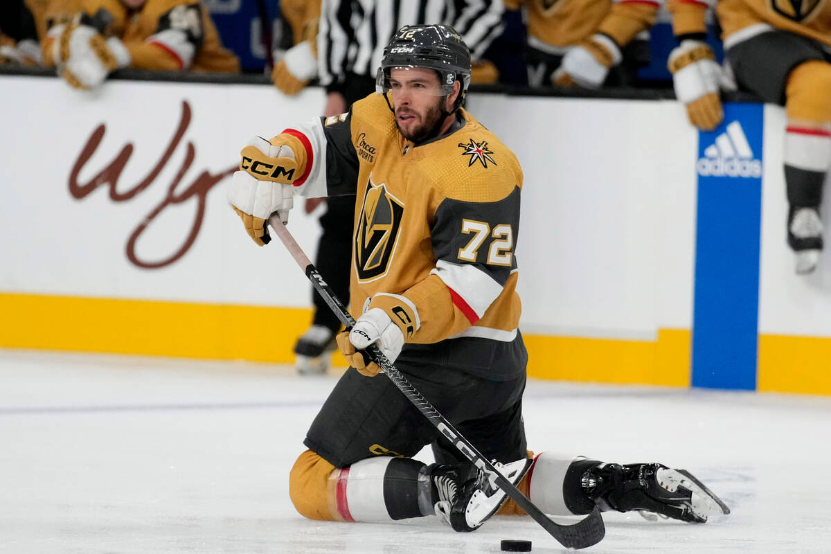 Vegas Golden Knights center Gage Quinney (72) passes the puck against the San Jose Sharks durin ...