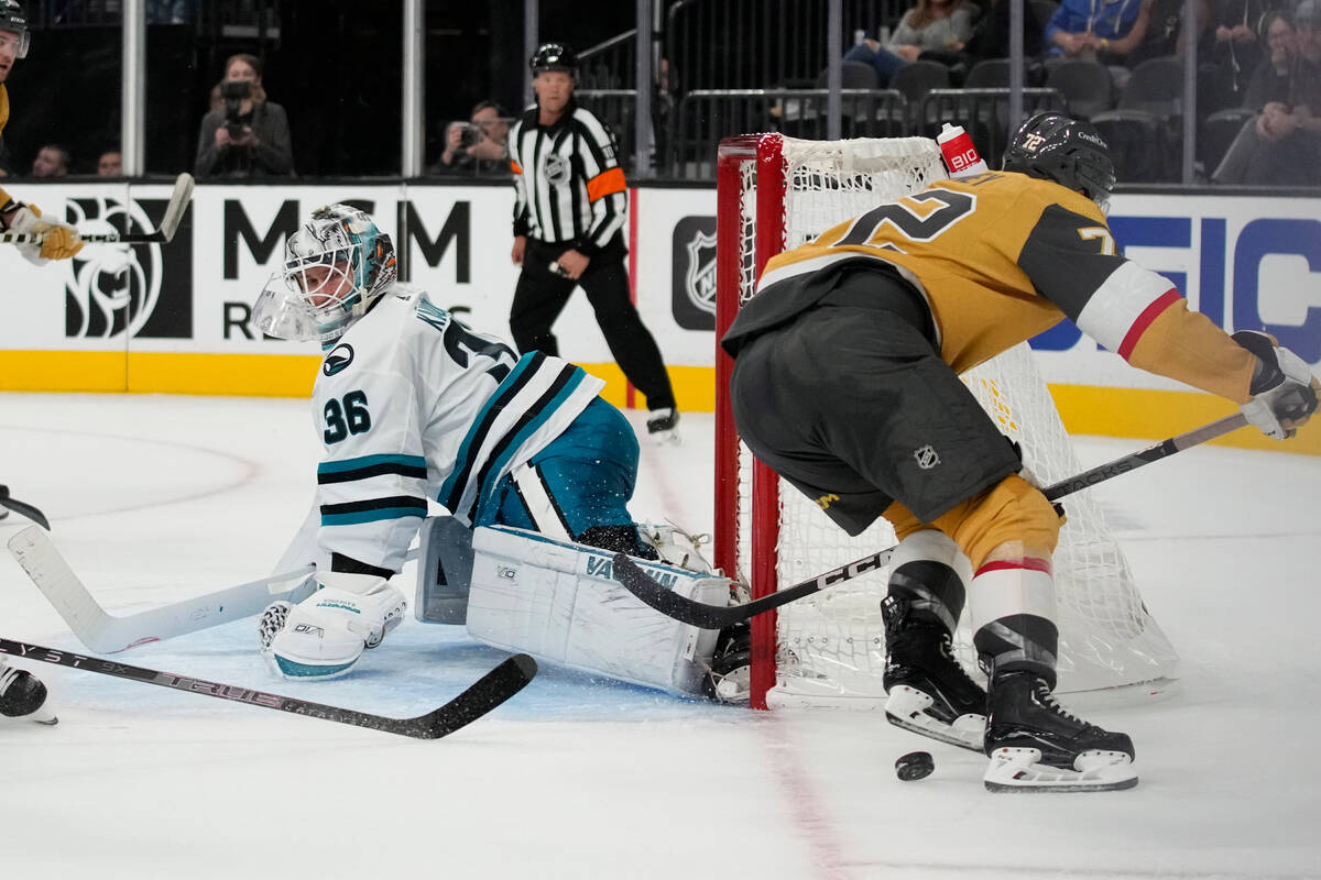 San Jose Sharks goaltender Kaapo Kahkonen (36) blocks a shot by Vegas Golden Knights center Gag ...