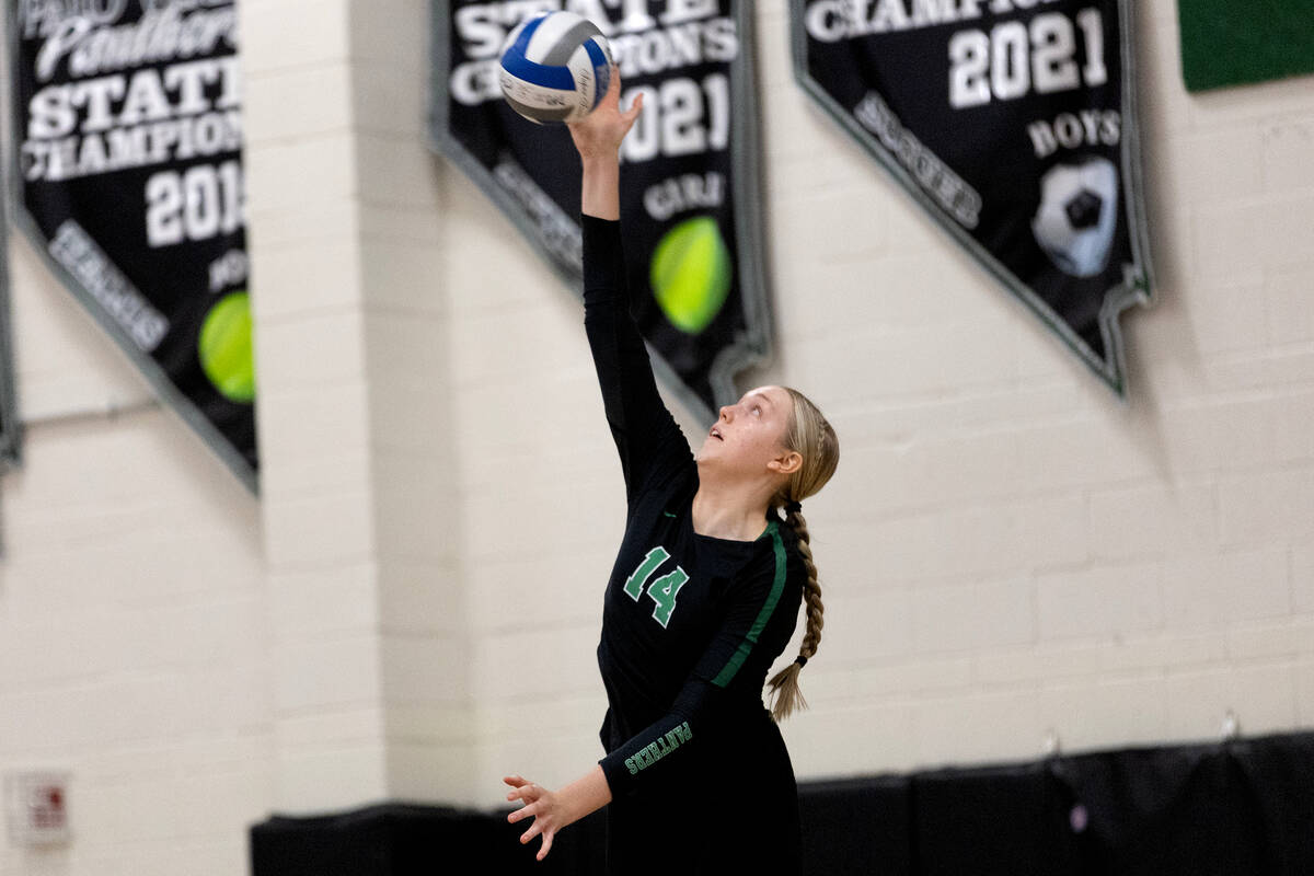 Palo Verde’s Kate Camp spikes to Liberty during a high school volleyball game at Palo Ve ...