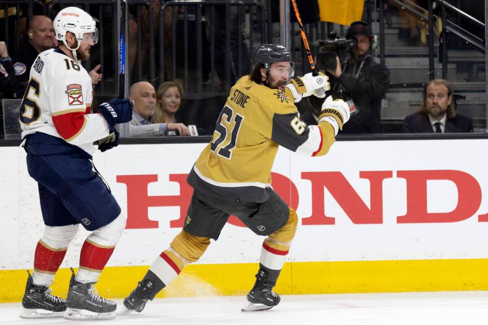 Golden Knights right wing Mark Stone (61) celebrates his goal while Florida Panthers center Ale ...