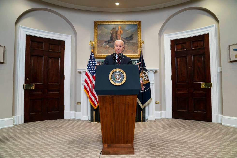 President Joe Biden delivers remarks on student loan debt forgiveness in the Roosevelt Room of ...