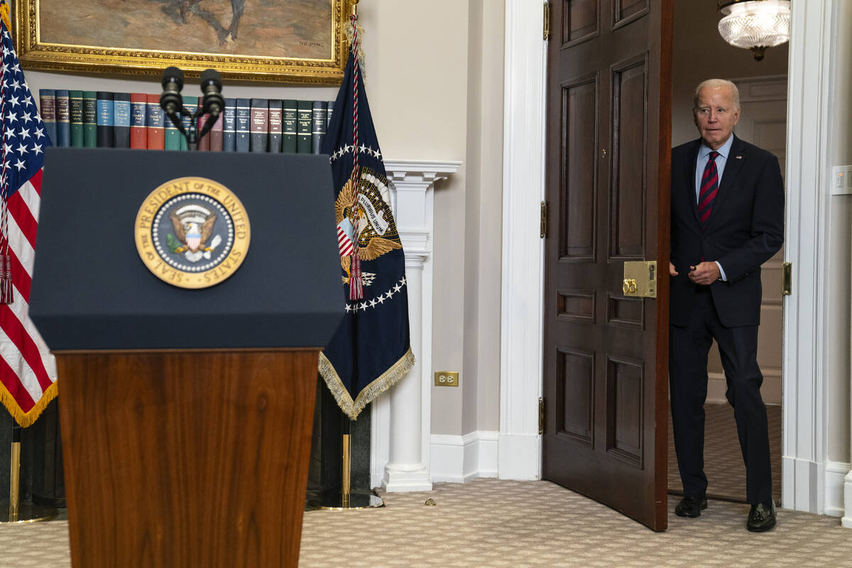 President Joe Biden arrives to deliver remarks on student loan debt forgiveness in the Roosevel ...