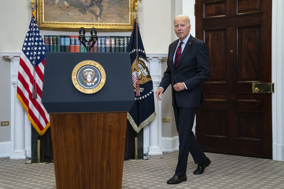 President Joe Biden arrives to deliver remarks on student loan debt forgiveness in the Roosevel ...