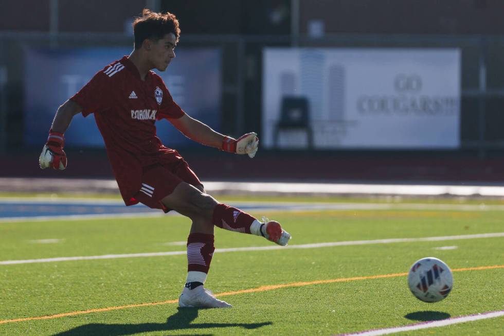 Coronado’s Logan Pierce kicks the ball from the goal during a game against Arbor View at ...