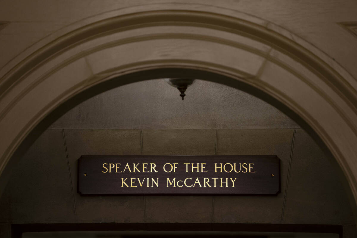 The name of Rep. Kevin McCarthy, R-Calif., remains on the sign at the entrance of the offices o ...