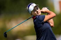 United States' Lexi Thompson plays her tee shot on the 4th hole during her single match at the ...