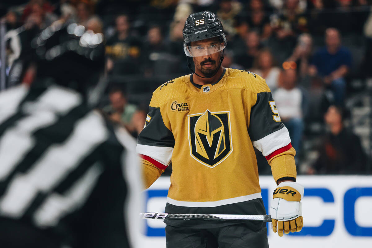 Golden Knights right wing Keegan Kolesar (55) waits for the puck to drop during a game against ...