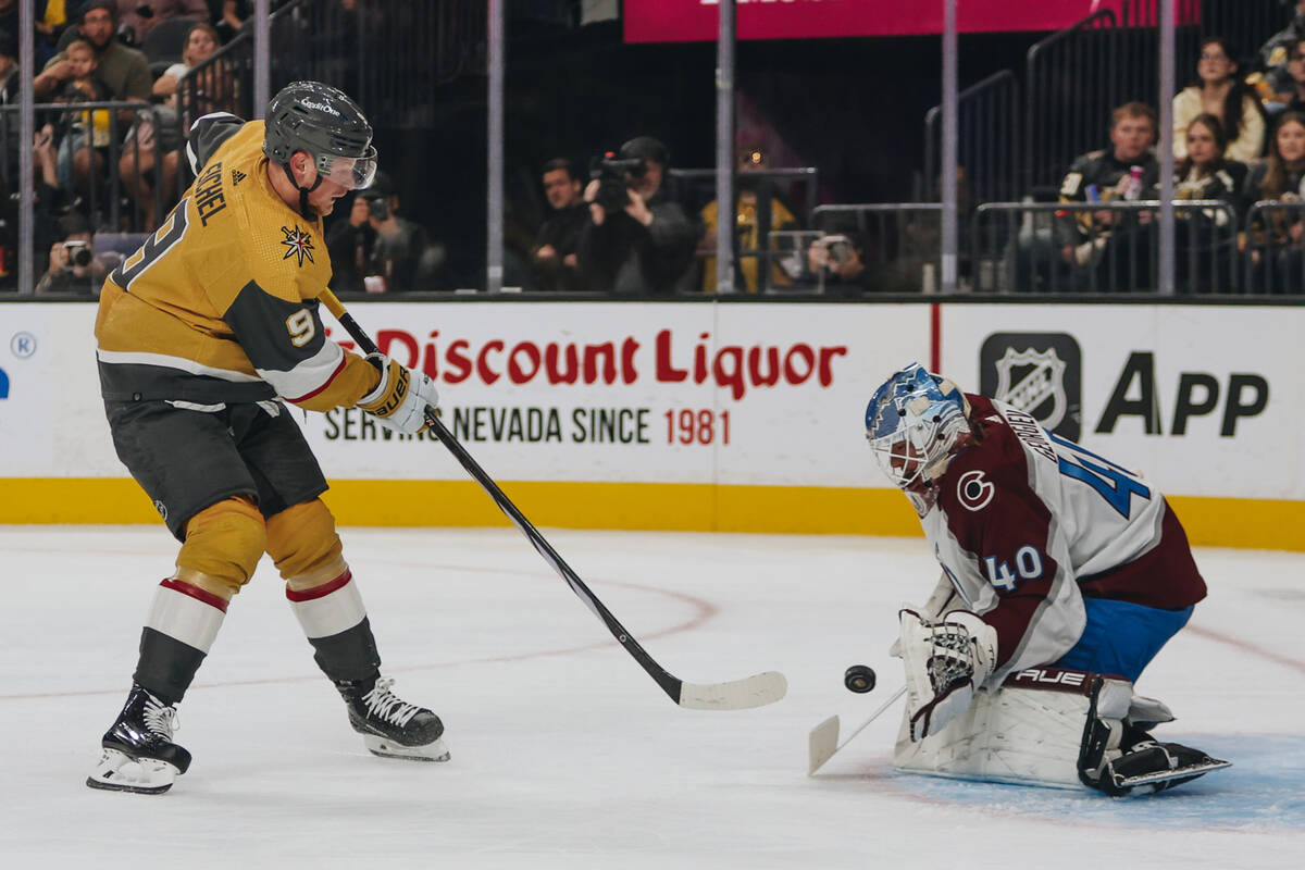 Colorado Avalanche goaltender Alexandar Georgiev (40) stops an attempted goal by Golden Knights ...