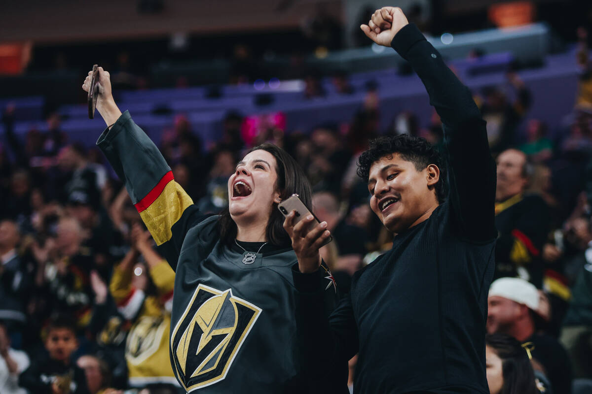 Golden Knights fans cheer after a goal during a game against the Colorado Avalanche at T-Mobile ...