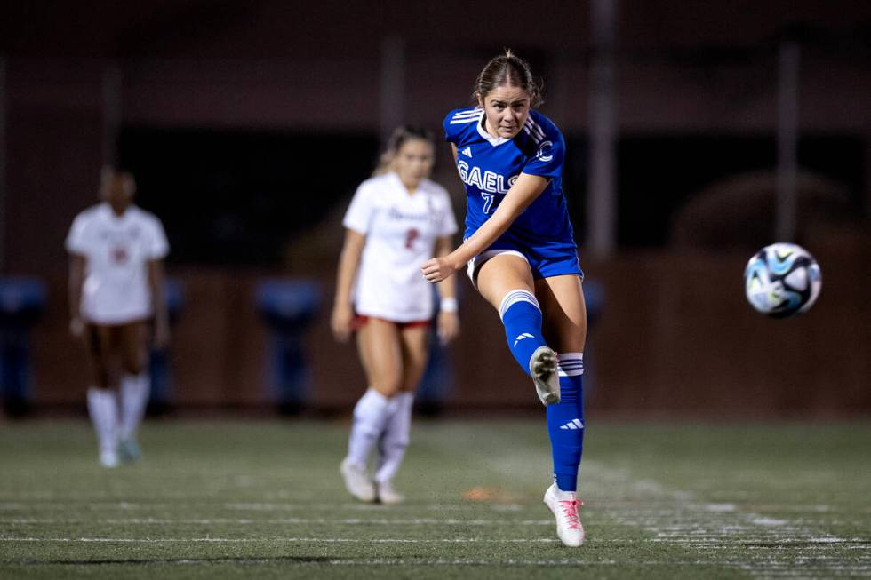 Bishop Gorman midfielder Kennedy Herman (7) attempts a goal against Liberty during a high schoo ...