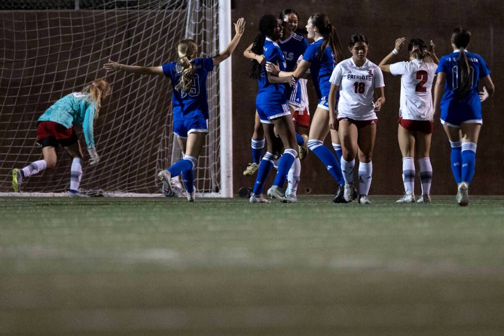 Bishop Gorman celebrates their goal over Liberty during a high school soccer game at Bishop Gor ...