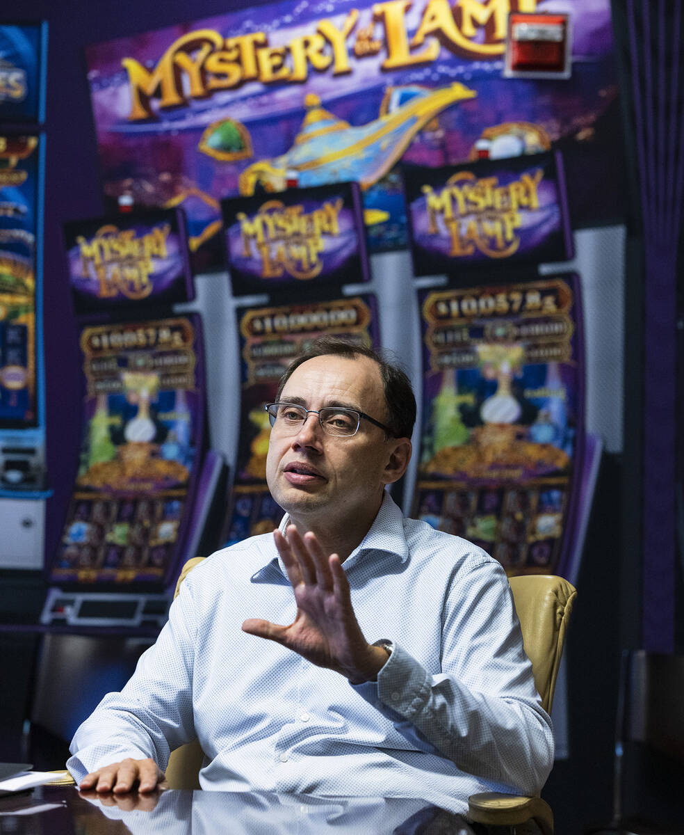 Nick Khin, a COO of Gaming for IGT, speaks during an interview with the Review-Journal at the I ...