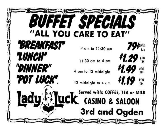 Buffet specials from Lady Luck Casino & Saloon from Dec. 12, 1973. (Las Vegas Review-Journal)