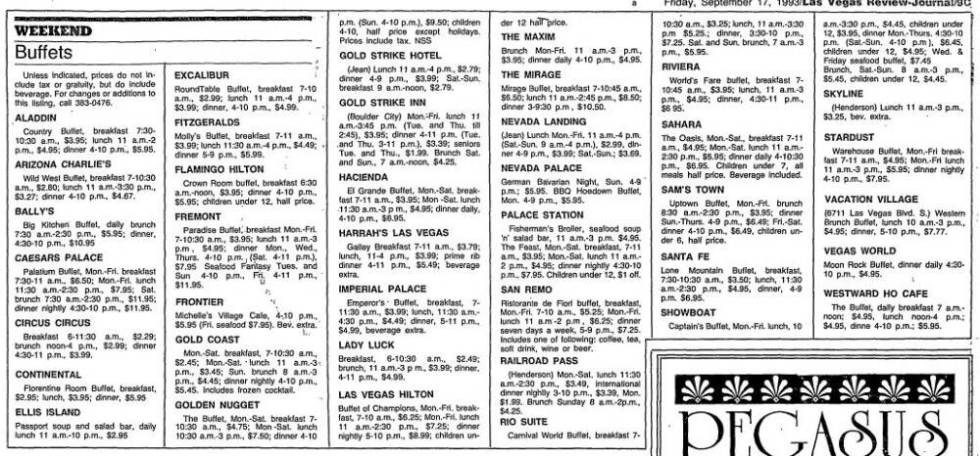 Weekend buffet prices from Sept. 17, 1993. (Las Vegas Review-Journal)
