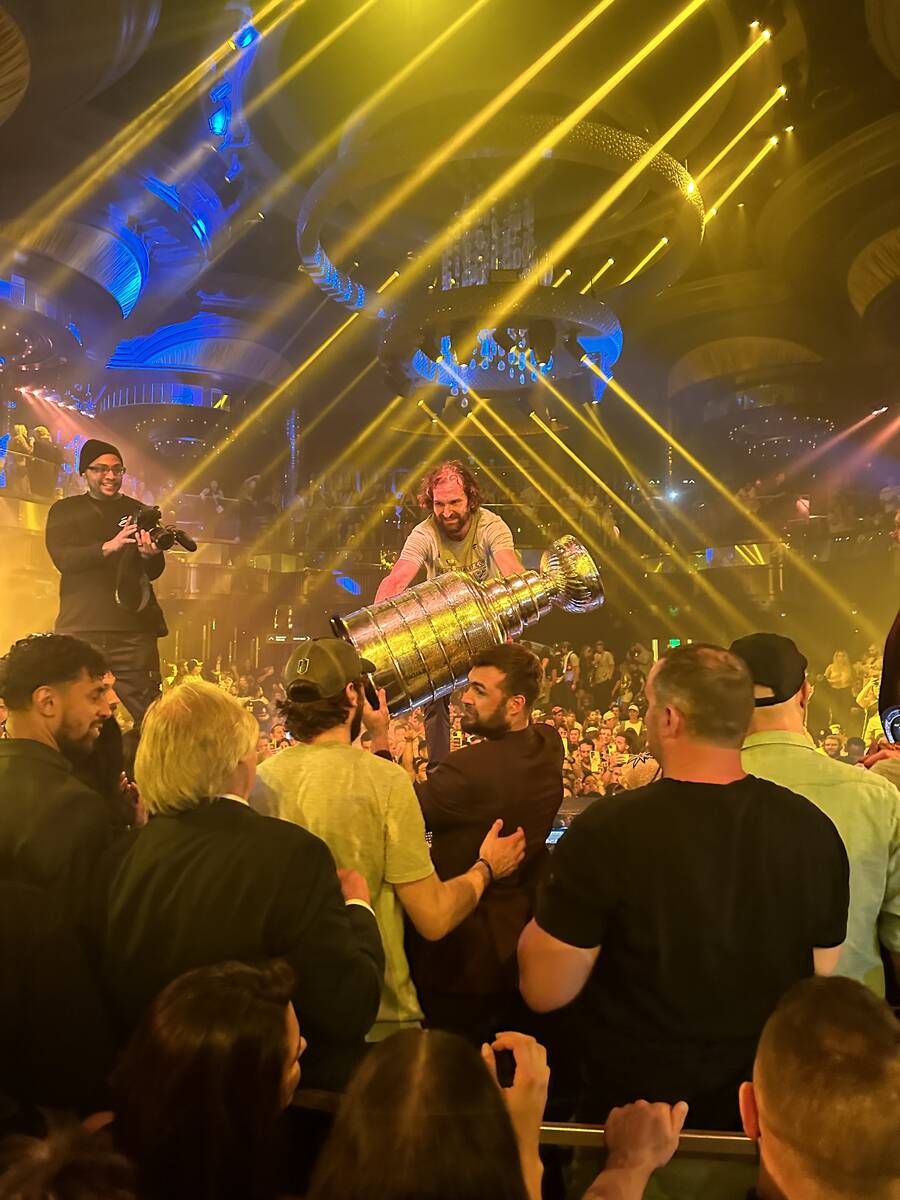 Mark Stone is shown with the Stanley Cup at Omnia at Caesars Palace after the Vegas Golden Knig ...