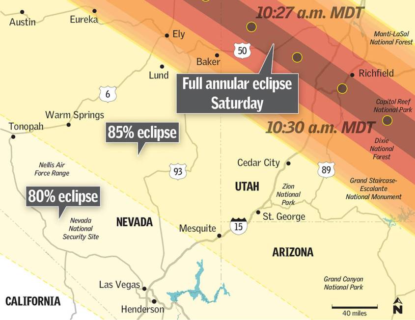 Map shows the nearby areas of full eclipse and partial eclipse on Saturday, Oct. 14, 2023. (Wes ...