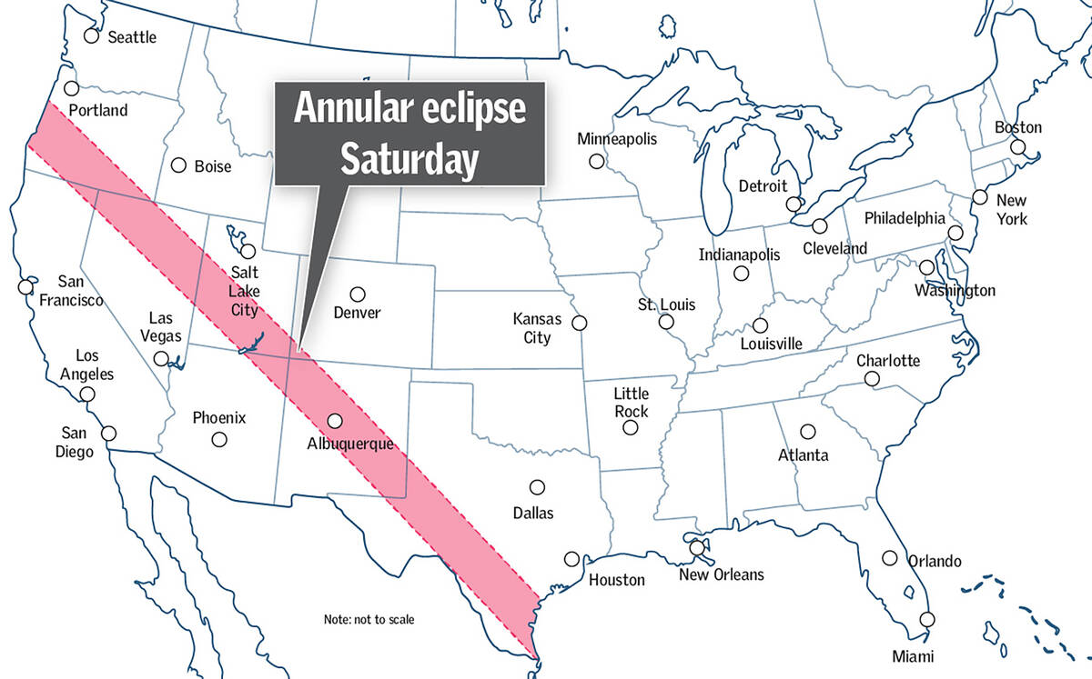 Path of the eclipse on Saturday, Oct. 14, 2023. (Wes Rand/Las Vegas Review-Journal)