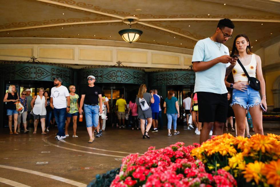 Bellagio guests outside of the casino on Saturday, Sept. 16, 2023, in Las Vegas. MGM Resorts In ...