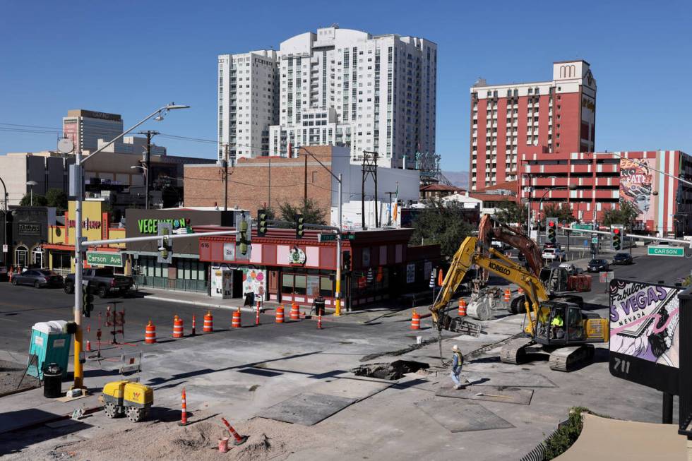 Construction continues on Seventh Street at Carson Avenue in downtown Las Vegas Thursday, Oct. ...