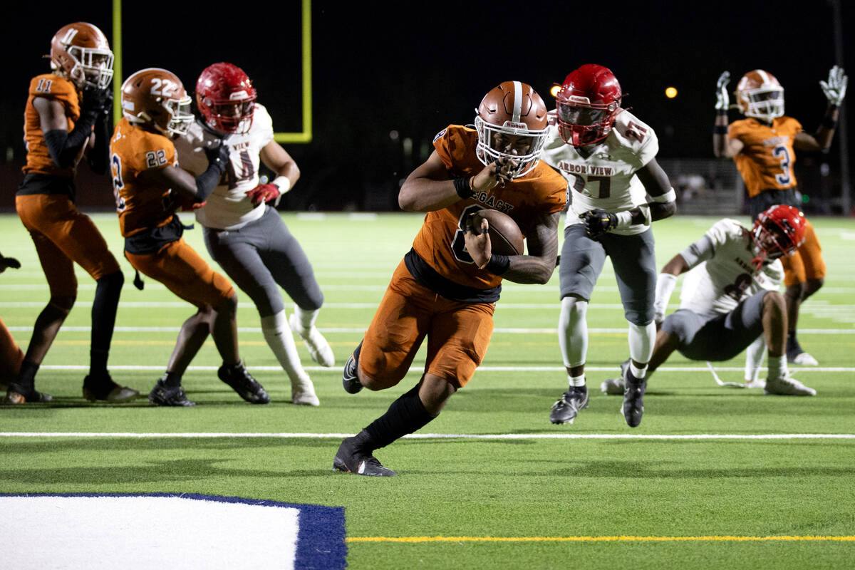 Legacy running back Phoenix Jennings (8) runs into the end zone before scoring a touchdown whil ...