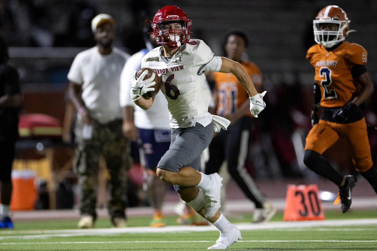 Arbor View wide receiver Jayden Williams (6) runs for a deep touchdown with little Legacy oppos ...