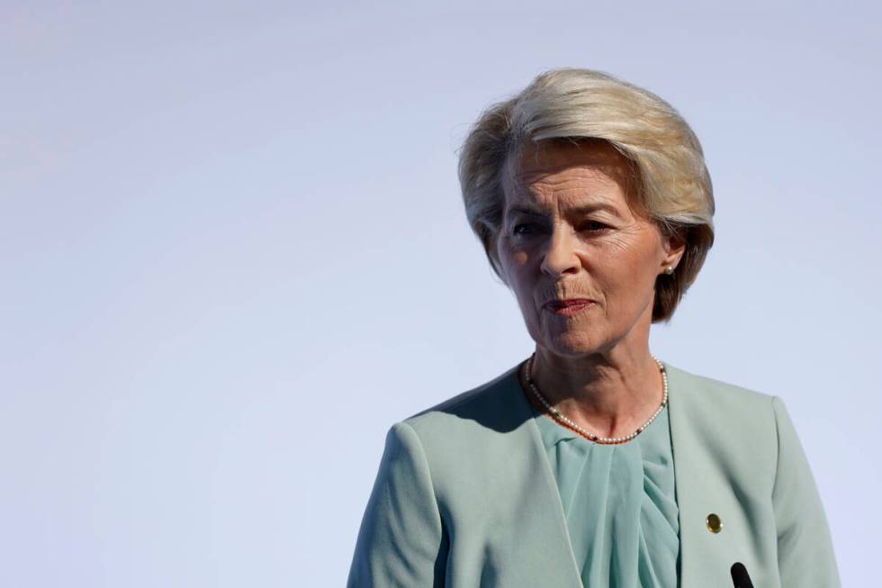 FILE - President of the European Commission, Ursula von der Leyen speaks to the media as she ar ...