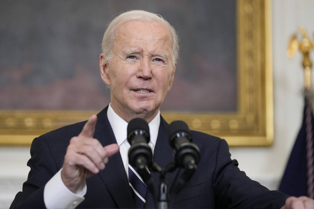 President Joe Biden speaks in the State Dining Room of the White House, Saturday, Oct. 7, 2023, ...