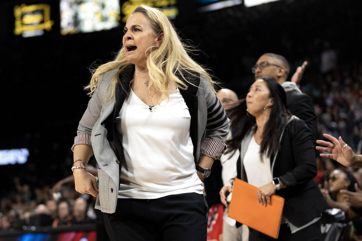 Las Vegas Aces head coach Becky Hammon reacts after referees didn’t call a foul on the N ...