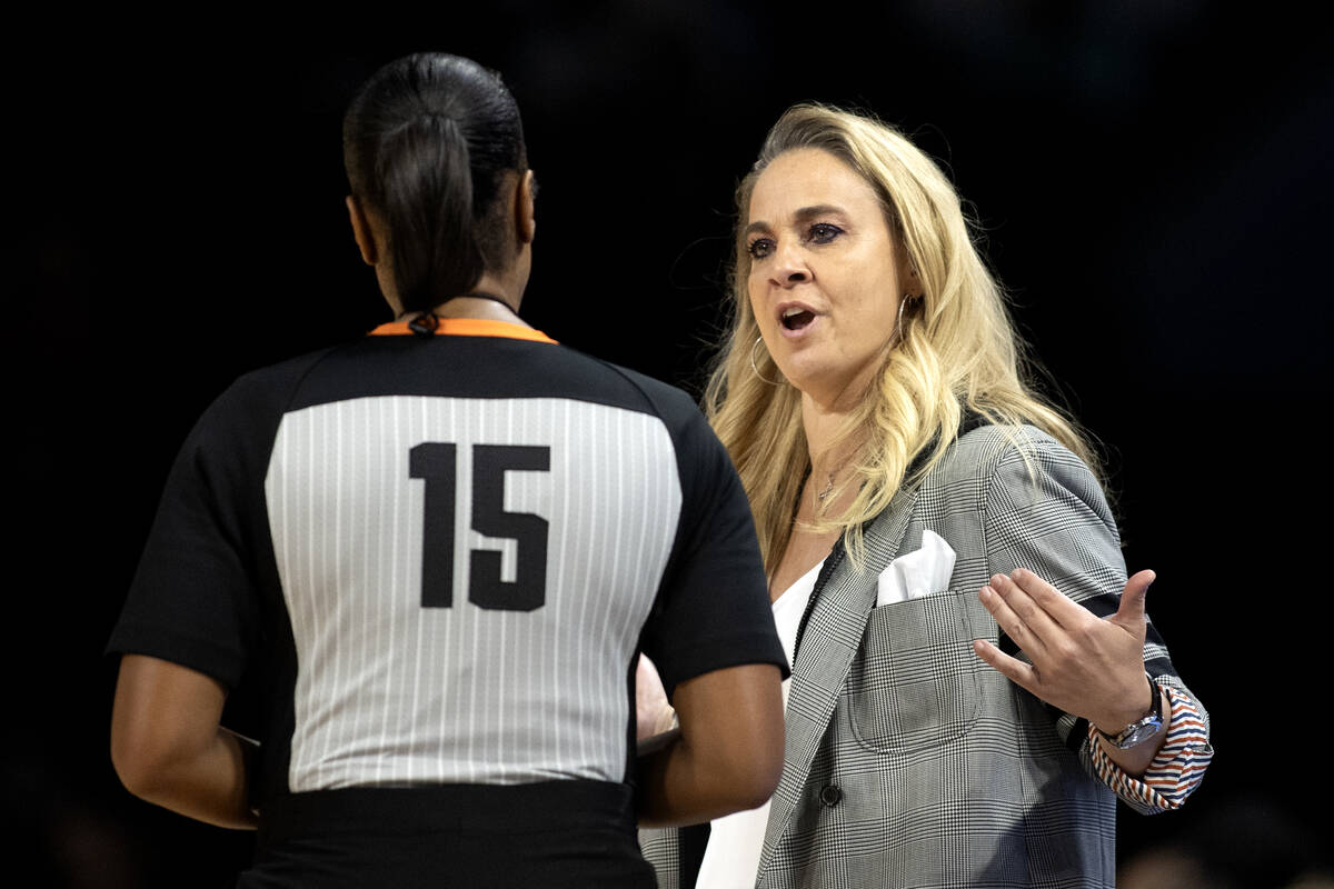 Las Vegas Aces head coach Becky Hammon argues with a referee during the first half in Game 1 of ...