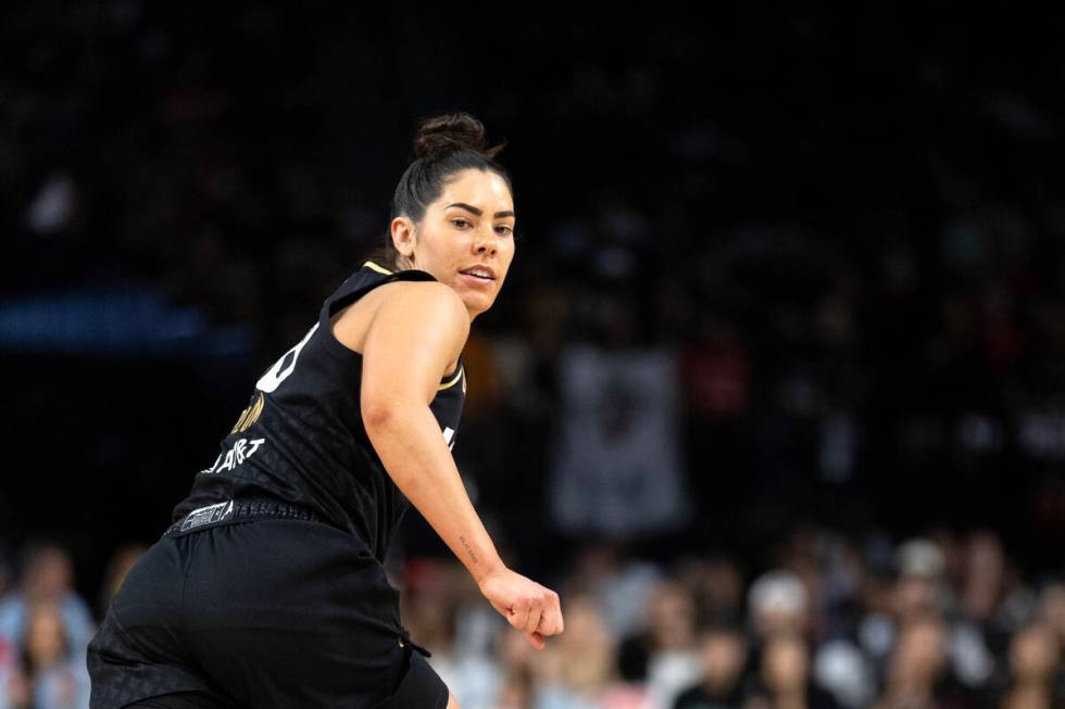 Las Vegas Aces guard Kelsey Plum (10) looks behind after scoring during the first half in Game ...