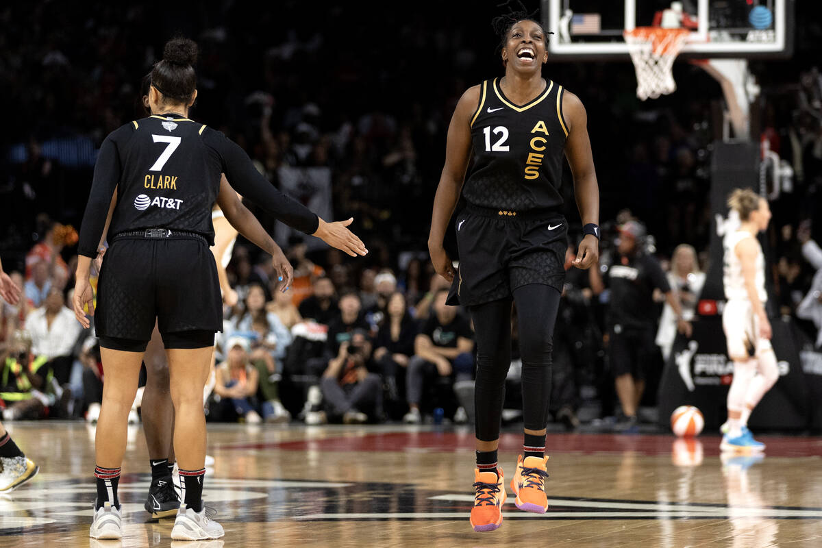 Las Vegas Aces guard Chelsea Gray (12) celebrates after scoring during the second half in Game ...